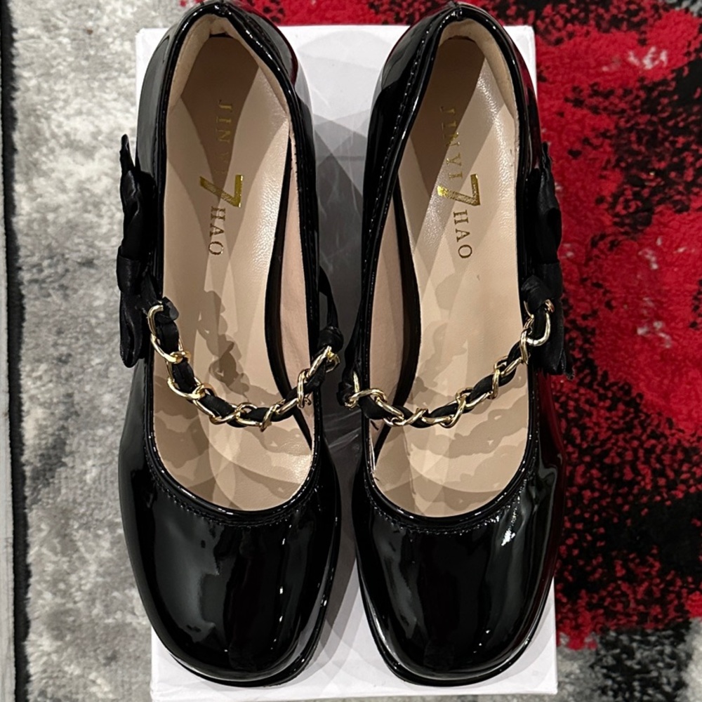 Black Patent Leather Heels with Gold Chain and Bows